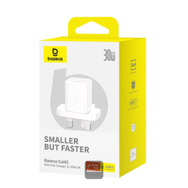 Baseus GaN5 30W Type-C Mini Fast Charger | UK Plug | Compatible With MacBook Pro Air iPad Pro iPhone 15 Pro Max Samsung S23 - White