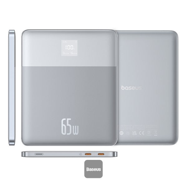 Baseus Blade2 12000mAh Power Bank | 65W  Fast Charging Ultra Thin Digital Display Intelligent Edition Battery Pack For Laptop MacBook & Phones - Silver