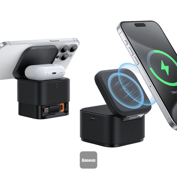 Baseus MagPro 2 in 1 Magnetic Wireless Charger | 25W Fast Charger Stand For iPhone and Airpods with USB-C Output For iWatch Charger - Black