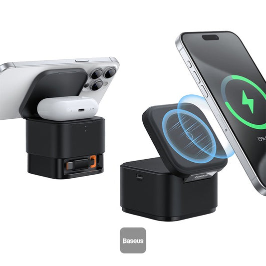 Baseus MagPro 2 in 1 Magnetic Wireless Charger | 25W Fast Charger Stand For iPhone and Airpods with USB-C Output For iWatch Charger - Black