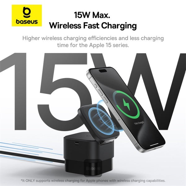 Baseus MagPro 2 in 1 Magnetic Wireless Charger | 25W Fast Charger Stand For iPhone and Airpods with USB-C Output For iWatch Charger - Black