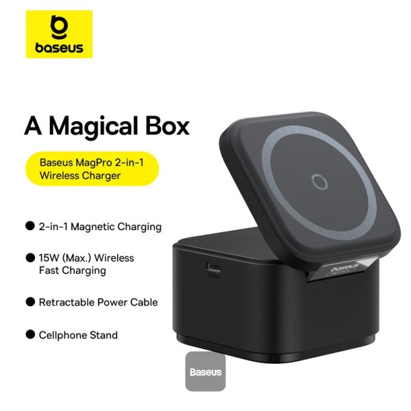 Baseus MagPro 2 in 1 Magnetic Wireless Charger | 25W Fast Charger Stand For iPhone and Airpods with USB-C Output For iWatch Charger - Black