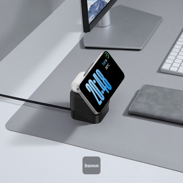 Baseus MagPro 2 in 1 Magnetic Wireless Charger | 25W Fast Charger Stand For iPhone and Airpods with USB-C Output For iWatch Charger - Black