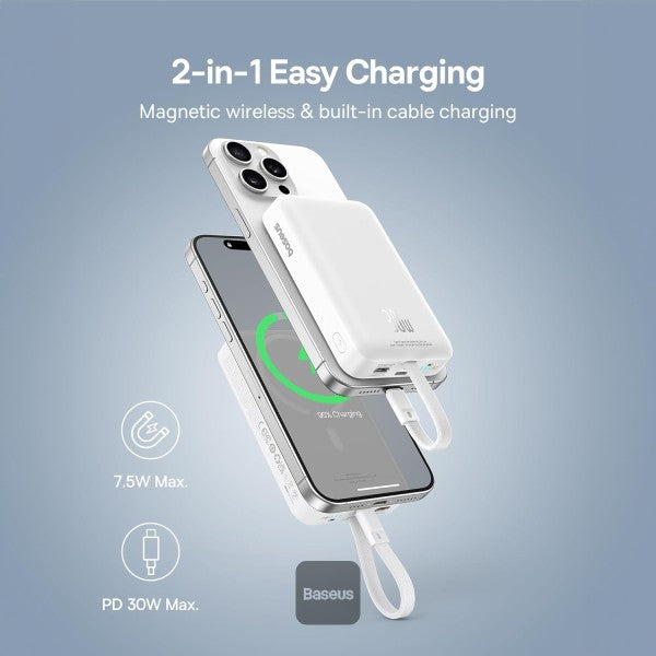 Baseus 10000mAh Magnetic Mini Wireless Fast Charge Power Bank 30W With Built-In Type-C Cable (In and Out) - White