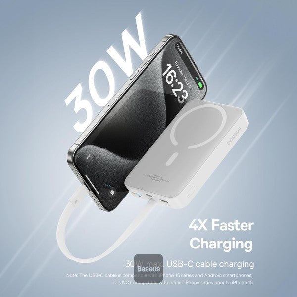Baseus 10000mAh Magnetic Mini Wireless Fast Charge Power Bank 30W With Built-In Type-C Cable (In and Out) - White