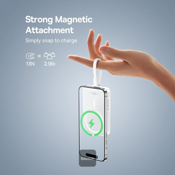 Baseus 10000mAh Magnetic Mini Wireless Fast Charge Power Bank 30W With Built-In Type-C Cable (In and Out) - White