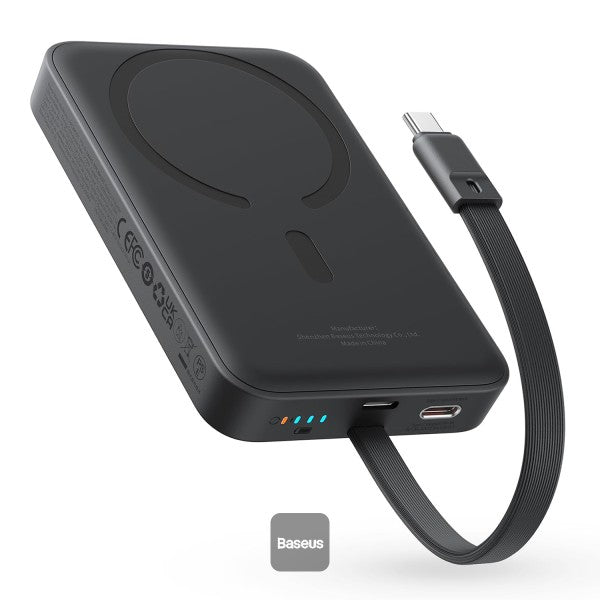 Baseus 10000mAh Magnetic Mini Wireless Fast Charge Power Bank 30W With Built-In Type-C Cable (In and Out) - Black