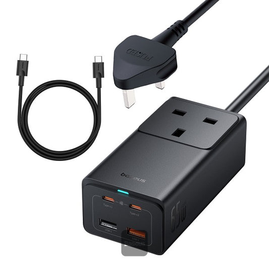 Baseus GaN5 Pro 65W Power Strip Ultimate Charging Station with 5 Ports 1 AC Power Outlet 2 Type-C 2 USB-A Includes 100W Type-C Cable - Black