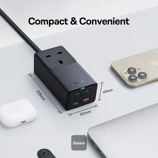 Baseus GaN5 Pro 65W Power Strip Ultimate Charging Station with 5 Ports 1 AC Power Outlet 2 Type-C 2 USB-A Includes 100W Type-C Cable - Black