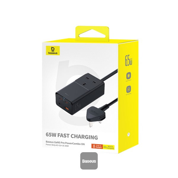 Baseus GaN5 Pro 65W Power Strip Ultimate Charging Station with 5 Ports 1 AC Power Outlet 2 Type-C 2 USB-A Includes 100W Type-C Cable - Black