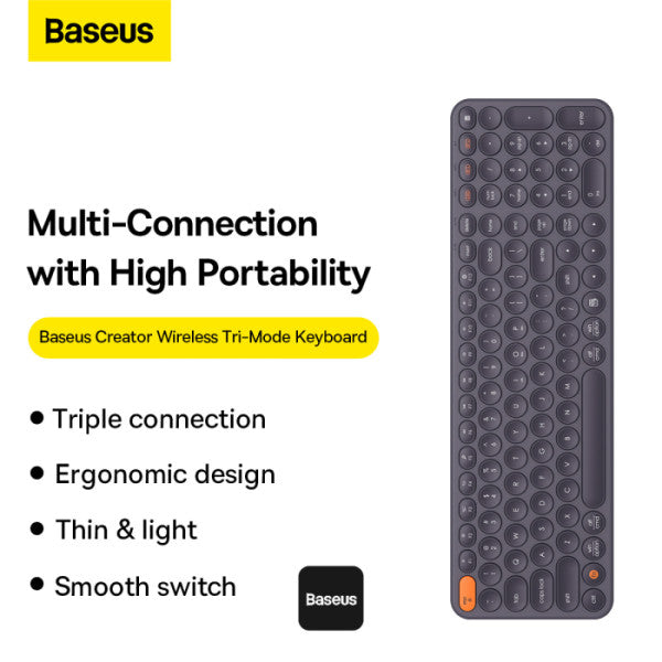 Baseus K01B Wireless Tri-Mode Keyboard (Bluetooth 50  & Wireless 24G) | Silent US Layout Keyboards - Grey