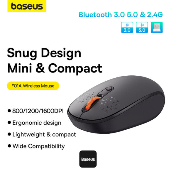 Baseus F01B Tri-Mode Wireless Mouse | Lightweight Silent Buttons DPI-800 1000 1600 - Gray