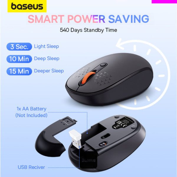 Baseus F01B Tri-Mode Wireless Mouse | Lightweight Silent Buttons DPI-800 1000 1600 - Gray