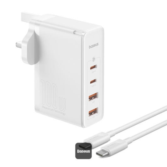 Baseus GaN5 Pro 100W 4 Port Fast Charger | 2 Type-C + 2 USB-A UK Plug with 100W Fast Charging Data Cable Type-C (20V 5A) 1M - White