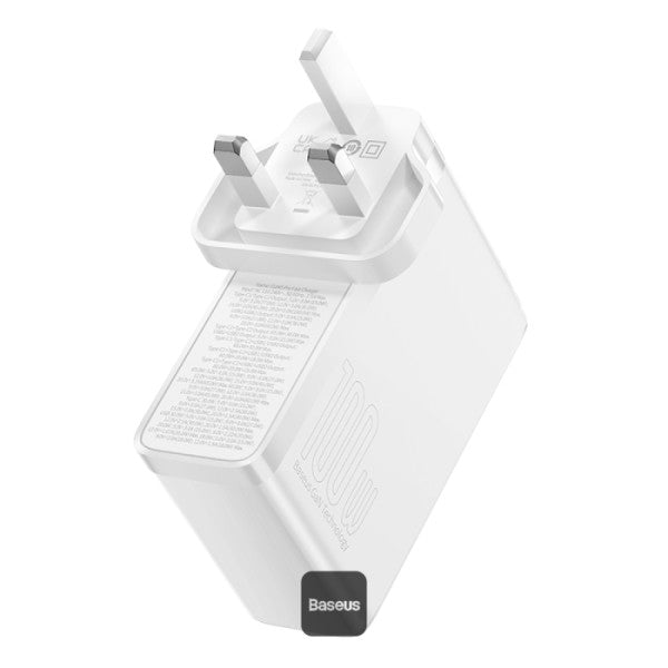 Baseus GaN5 Pro 100W 4 Port Fast Charger | 2 Type-C + 2 USB-A UK Plug with 100W Fast Charging Data Cable Type-C (20V 5A) 1M - White