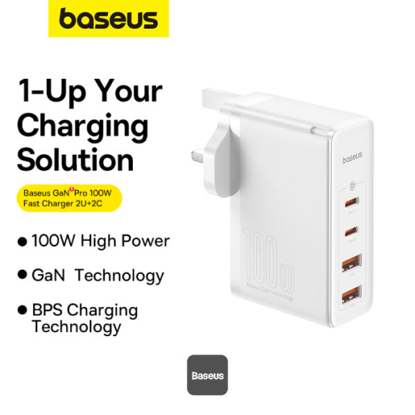 Baseus GaN5 Pro 100W 4 Port Fast Charger | 2 Type-C + 2 USB-A UK Plug with 100W Fast Charging Data Cable Type-C (20V 5A) 1M - White