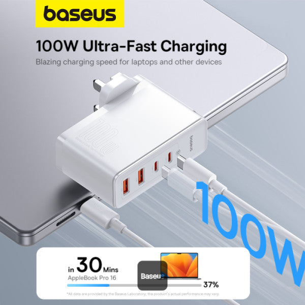 Baseus GaN5 Pro 100W 4 Port Fast Charger | 2 Type-C + 2 USB-A UK Plug with 100W Fast Charging Data Cable Type-C (20V 5A) 1M - White