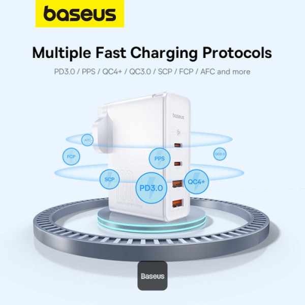 Baseus GaN5 Pro 100W 4 Port Fast Charger | 2 Type-C + 2 USB-A UK Plug with 100W Fast Charging Data Cable Type-C (20V 5A) 1M - White