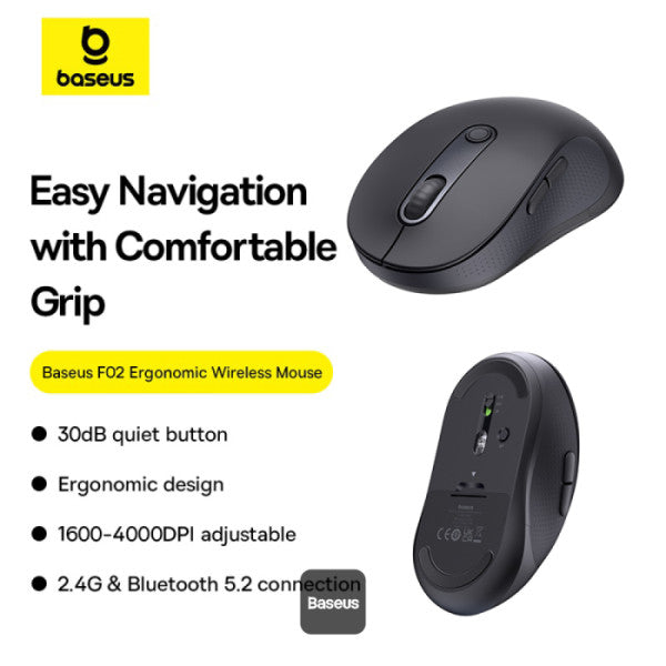 Baseus F02 Ergonomic Dual-Mode Wireless Mouse | Bluetooth 52 and 24Ghz Connectivity Silent Buttons 5 DPI Modes - Black