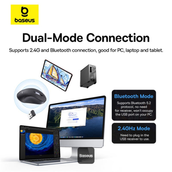 Baseus F02 Ergonomic Dual-Mode Wireless Mouse | Bluetooth 52 and 24Ghz Connectivity Silent Buttons 5 DPI Modes - Black