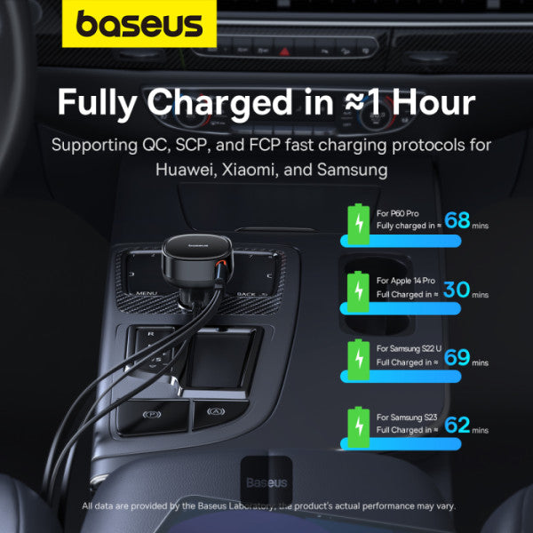 Baseus Car Charger Type-C Port + Type-C & Lightning Retractable Cable 60W Enjoyment Pro Series - Black