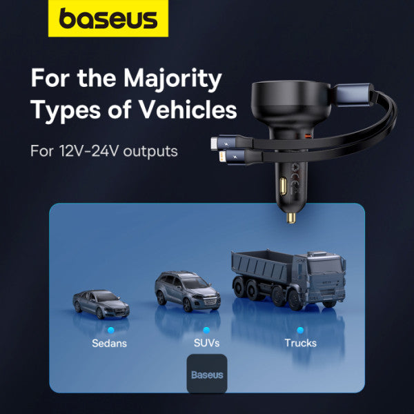 Baseus Car Charger Type-C Port + Type-C & Lightning Retractable Cable 60W Enjoyment Pro Series - Black