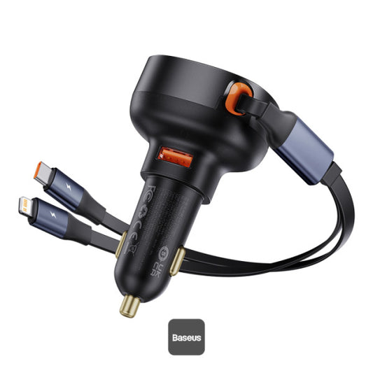 Baseus Car Charger USB-A Port + Type-C & Lightning Retractable Cable 60W Enjoyment Pro Series - Black