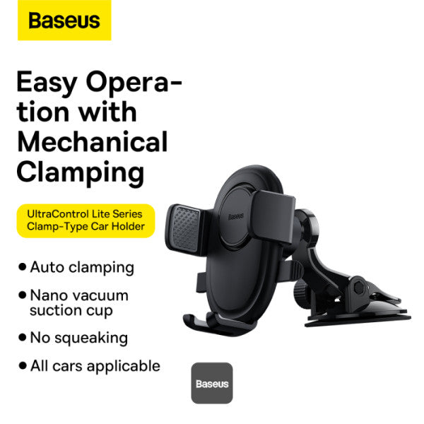 Baseus UltraControl Lite Series 2 in 1 Car Phone Holder | Auto Clamping Universal Car Phone Mount | Dashboard Windshield Car Mount - Black