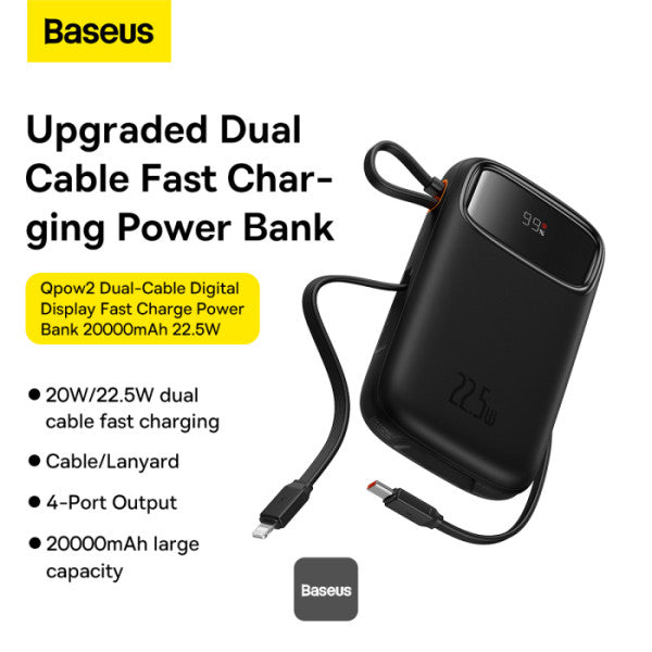 Baseus QPow2 20000mAh Digital Display Fast Charge Power Bank 225W With Built-in Dual-Cable Lightning And Type-C - Black