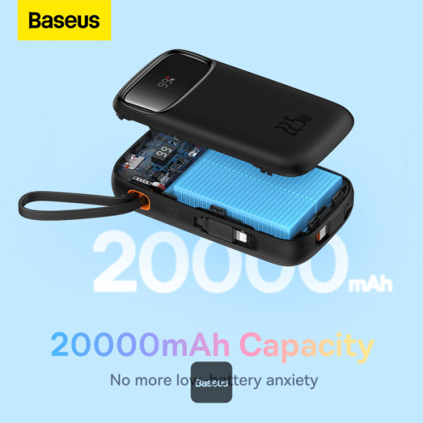 Baseus QPow2 20000mAh Digital Display Fast Charge Power Bank 225W With Built-in Dual-Cable Lightning And Type-C - Black