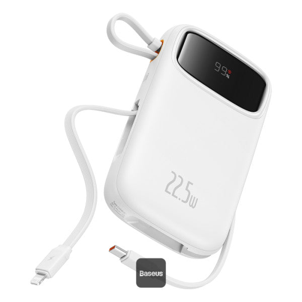 Baseus QPow2 20000mAh Digital Display Fast Charge Power Bank 225W With Built-in Dual-Cable Lightning And Type-C - White