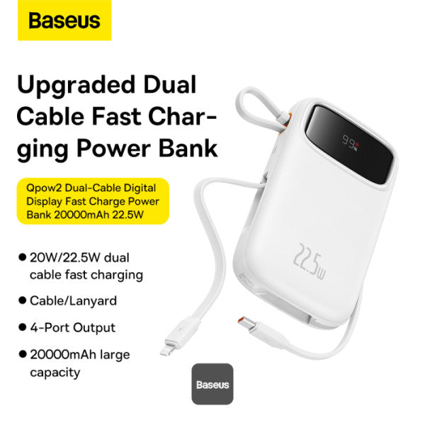 Baseus QPow2 20000mAh Digital Display Fast Charge Power Bank 225W With Built-in Dual-Cable Lightning And Type-C - White