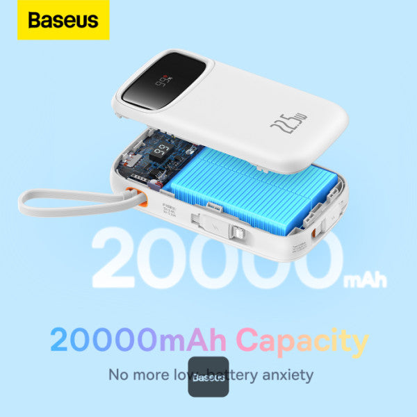 Baseus QPow2 20000mAh Digital Display Fast Charge Power Bank 225W With Built-in Dual-Cable Lightning And Type-C - White