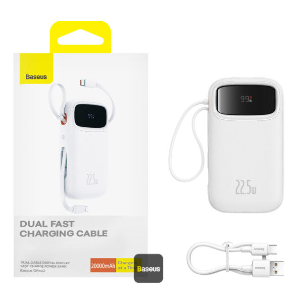 Baseus QPow2 20000mAh Digital Display Fast Charge Power Bank 225W With Built-in Dual-Cable Lightning And Type-C - White