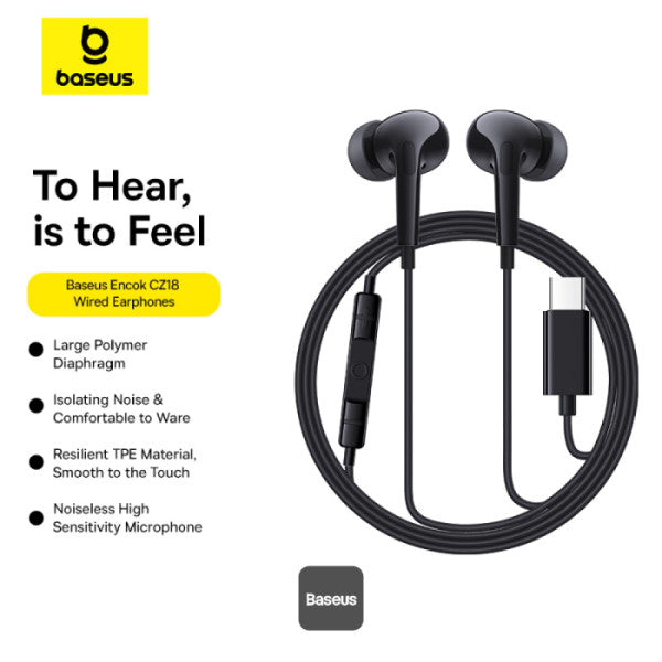 Baseus Encok CZ18 Type-C Wired Earphone In-Ear Noise Isolation Headphone With Noiseless HD Mic - Black