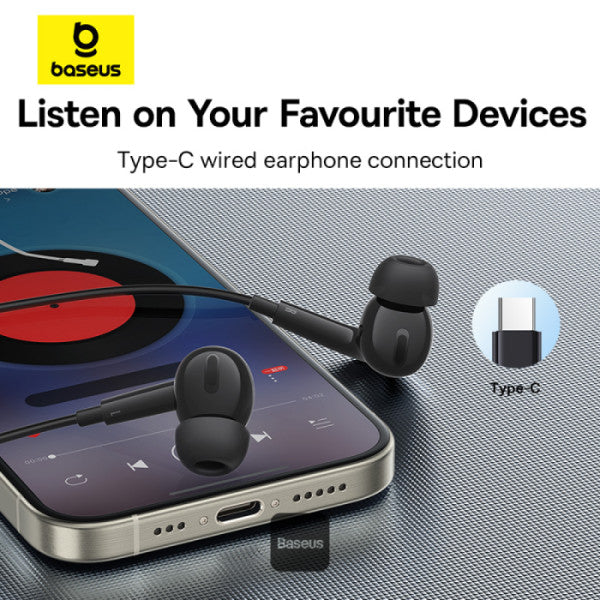 Baseus Encok CZ18 Type-C Wired Earphone In-Ear Noise Isolation Headphone With Noiseless HD Mic - Black