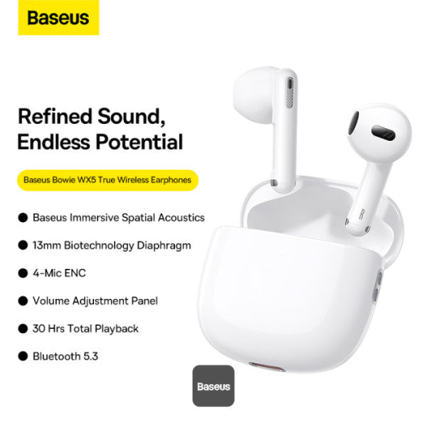 Baseus Bowie WX5 True Wireless Earphones - 4 ENC Mics with AI Noise Cancellation for Crystal Clear Calls 30-Hour Playback TWS Bluetooth 53 - White