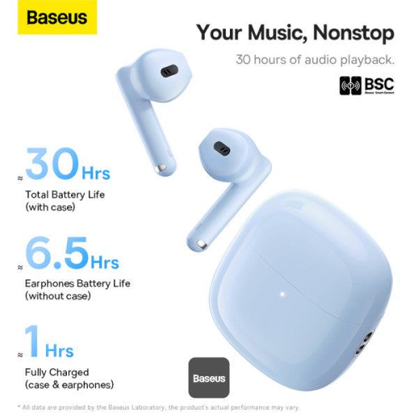Baseus Bowie WX5 True Wireless Earphones - 4 ENC Mics with AI Noise Cancellation for Crystal Clear Calls 30-Hour Playback TWS Bluetooth 53 - Blue