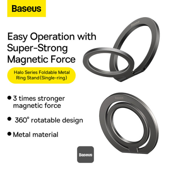 Baseus Halo Series  Foldable Metal Ring Stand | 360° Rotation Magnetic Ring Holder & Stand for All Phones - Grey