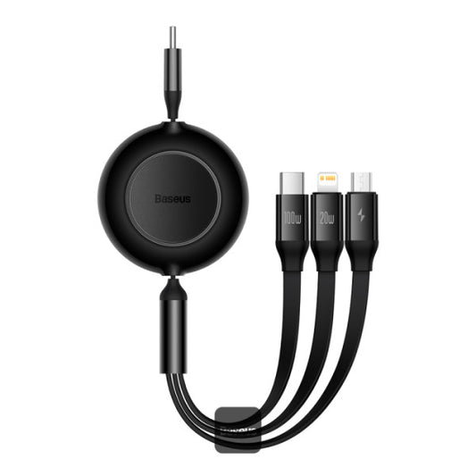 Baseus Bright Mirror 2 Series Retractable Cable | 100W 3 in 1 Fast Charging Data Cable | Type-C to Type-C + Lightning + Micro 11M - Black