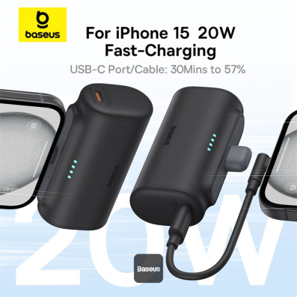 Baseus Compact Series 5000mAh Fast Charging Power Bank 20W PD With Built-in Type-C Connector | Pocket Power Bank for Travel - Black