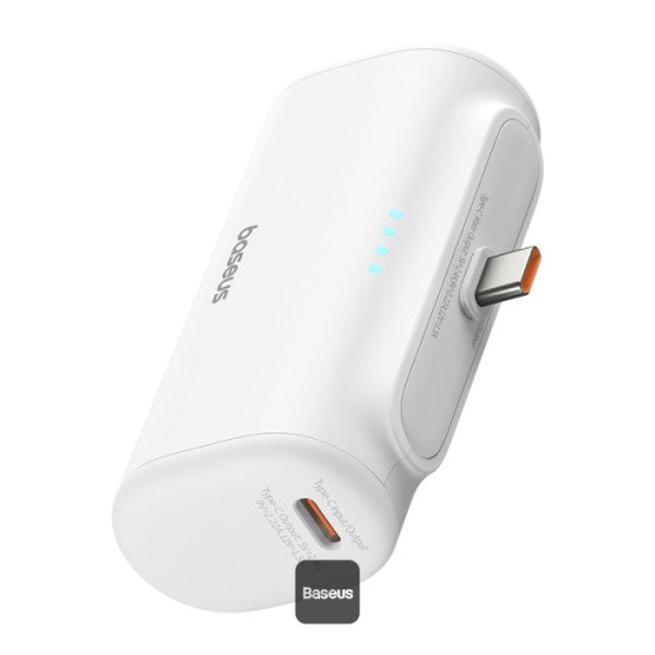 Baseus Compact Series 5000mAh Fast Charging Power Bank 20W PD With Built-in Type-C Connector | Pocket Power Bank for Travel - White