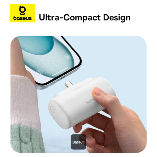 Baseus Compact Series 5000mAh Fast Charging Power Bank 20W PD With Built-in Type-C Connector | Pocket Power Bank for Travel - White