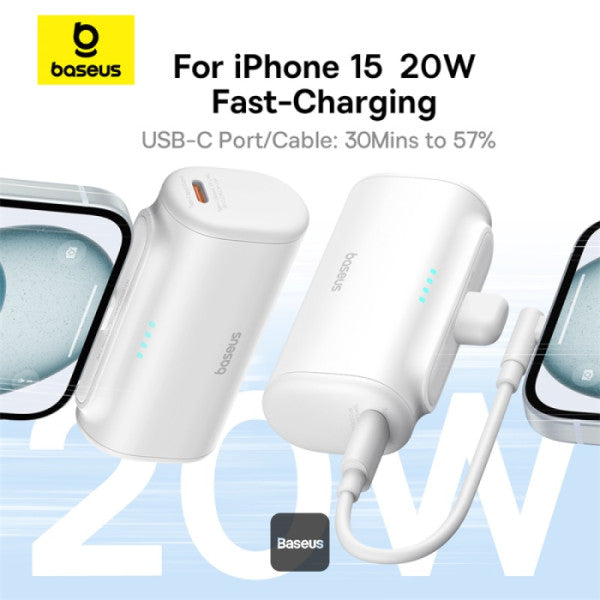 Baseus Compact Series 5000mAh Fast Charging Power Bank 20W PD With Built-in Type-C Connector | Pocket Power Bank for Travel - White