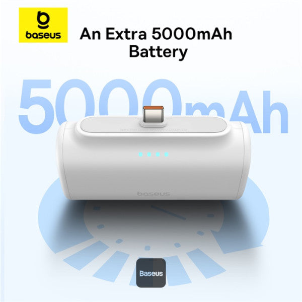 Baseus Compact Series 5000mAh Fast Charging Power Bank 20W PD With Built-in Type-C Connector | Pocket Power Bank for Travel - White