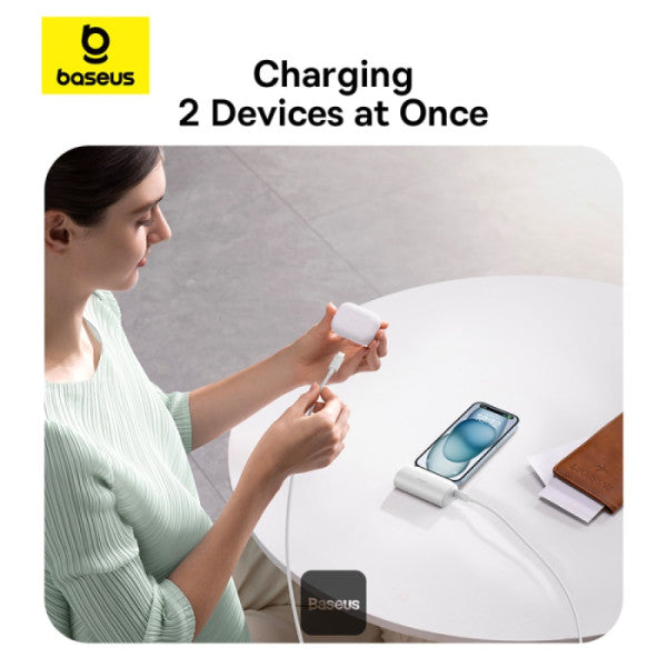 Baseus Compact Series 5000mAh Fast Charging Power Bank 20W PD With Built-in Type-C Connector | Pocket Power Bank for Travel - White