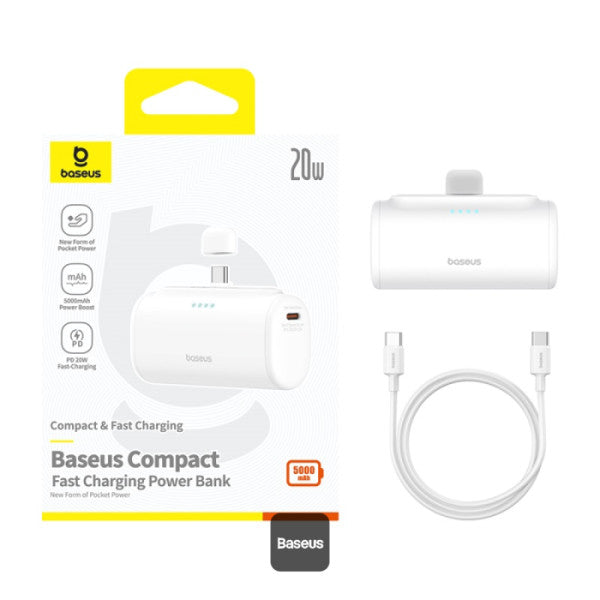 Baseus Compact Series 5000mAh Fast Charging Power Bank 20W PD With Built-in Type-C Connector | Pocket Power Bank for Travel - White