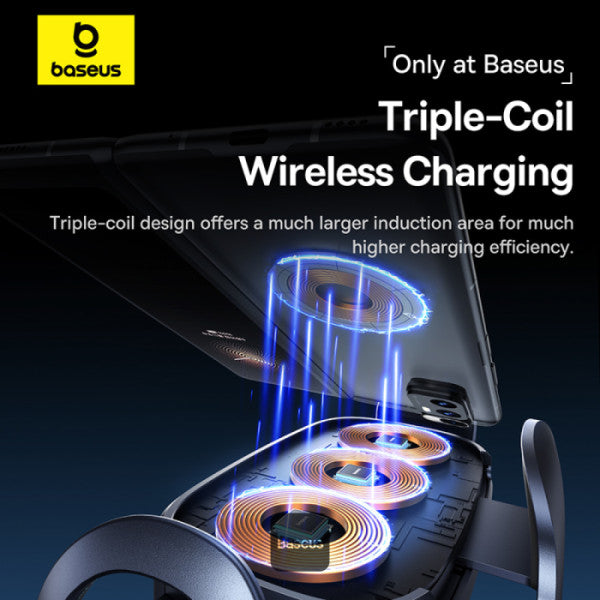 Baseus LightChaser Series 15W Triple Coil Qi Wireless Car Charger - Magsafe Fast Charger Car Mount Air Vent Holder - Black