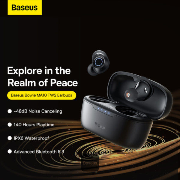 Baseus Bowie MA10 True Wireless Earphones with Active Noise Cancellation 140H Battery Life IPX6 Waterproof  4 ENC Mics BT 53 ANC Earbuds - Black