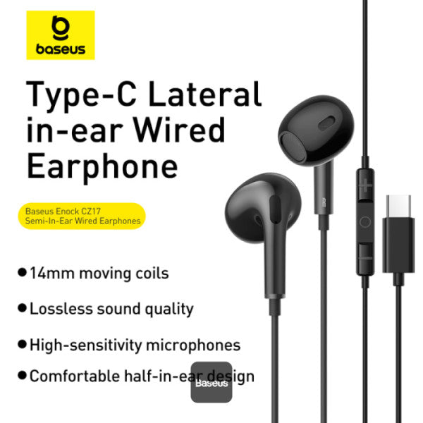 Baseus Encok CZ17 Type-C Wired Earphones | Semi-In-Ear Headphones With Mic - Black